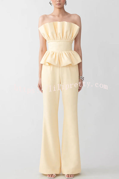 Every Occasion Crepe Panel Ruffles Strapless Top and High Rise Pocketed Flare Pants Set