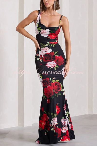 Keep Blooming Floral Print Asymmetric Cowl Neckline Stretch Maxi Dress