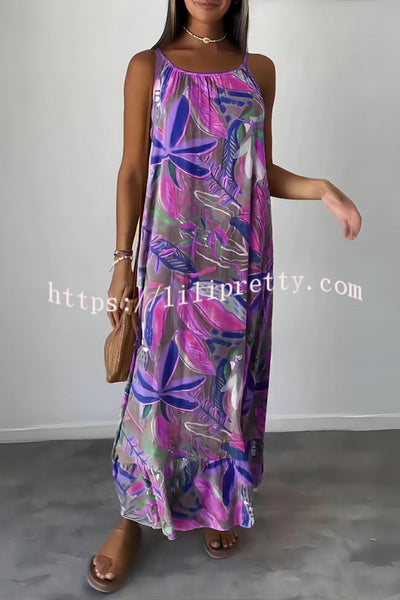 Unique Botanical Print Casual Loose Strappy Maxi Dress