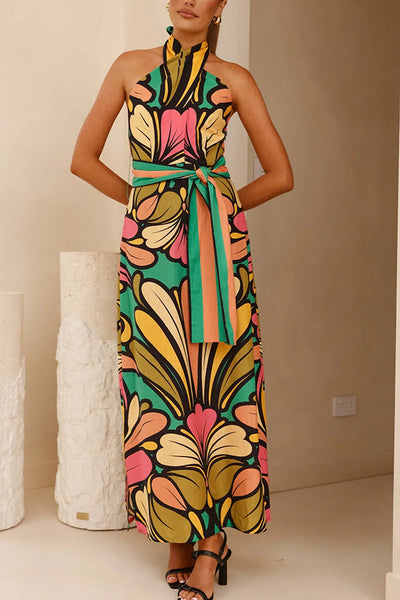 Unique Print Halter Neck Tie Backless Holiday Maxi Dress