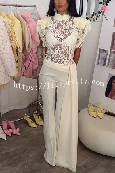 Alizah Floral Lace High Neck Ruffle Sleeve Top and Elastic Waist Drape Hem Flare Pants Set