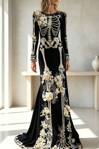 Luxury skull embroidered velvet dress