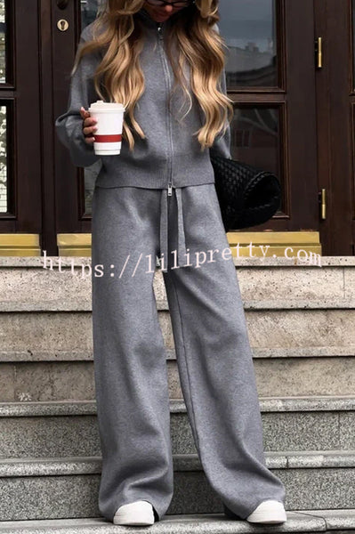 Effortlessly Stylish Ribbed Zipper High Neck Sweatshirt and Elastic Waist Pocketed Loose Pants Set