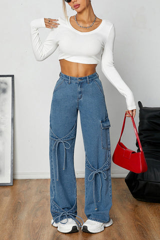 Fashion Bow Tie Workwear Loose Pocket Straight Jeans