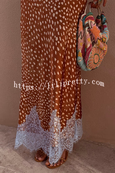 Stunning Fawn Print Contrast Color Satin Lace Trim Mid Rise Maxi Skirt