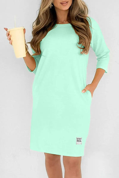 Solid Color Round Neck Long Sleeve Loose Casual Mini Dress