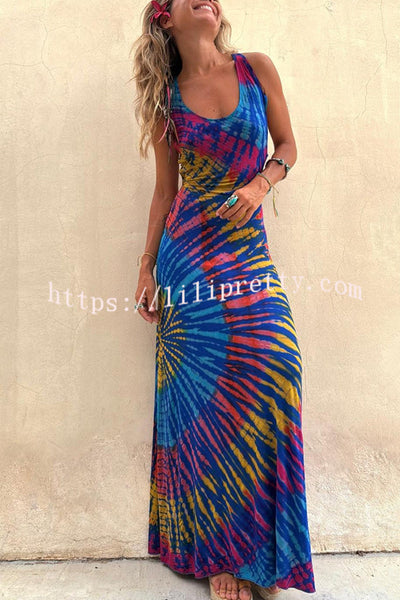 Coastal Crush Tie-dye Print Back Lace-up Stretch Maxi Dress