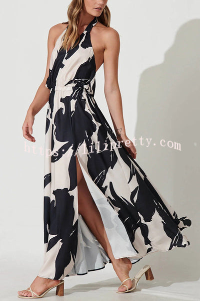 Black and White Style Floral Print Elastic Waist Halter Slit Maxi Dress