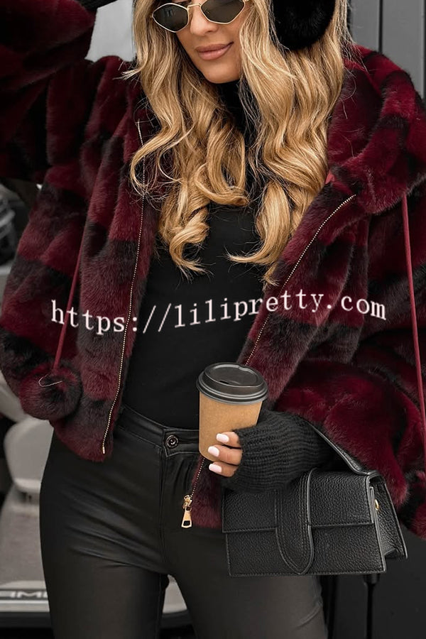 Winter Latte Gradient Print Ribbed Balloon Sleeve Hooded Loose Plush Coat