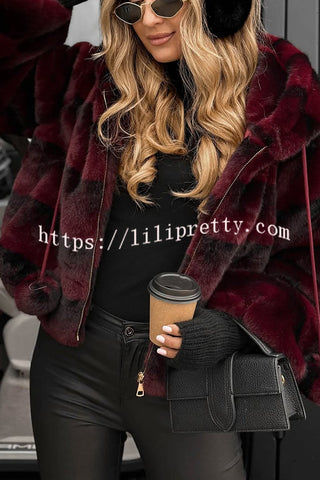 Winter Latte Gradient Print Ribbed Balloon Sleeve Hooded Loose Plush Coat