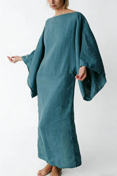 Stacie Linen Blend Wide Neck Batwing Sleeves Tie-up Waist H-line Maxi Dress