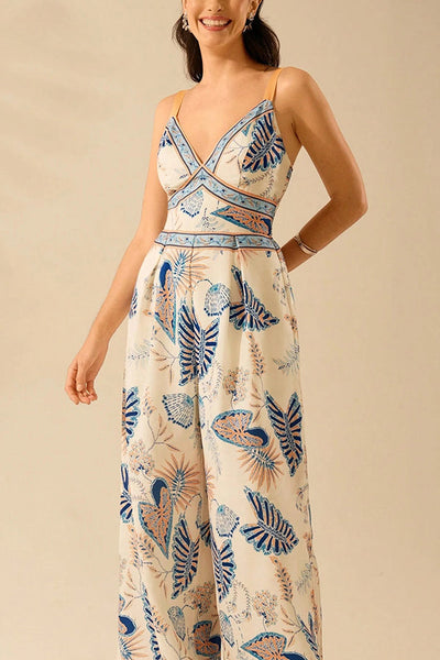 Bohemian Style Plant Print Casual Sling Holiday Loose Jumpsuit