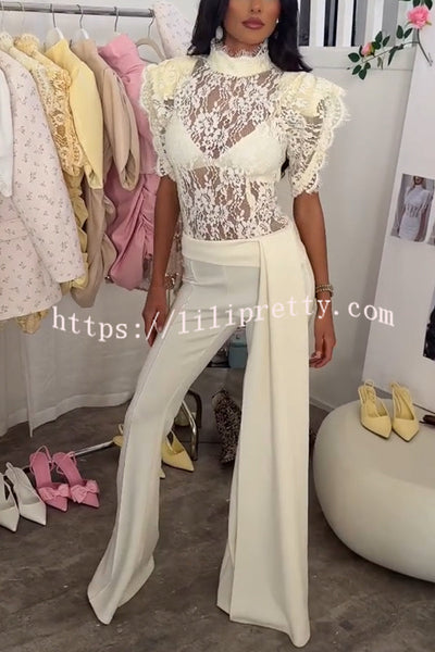 Alizah Floral Lace High Neck Ruffle Sleeve Top and Elastic Waist Drape Hem Flare Pants Set
