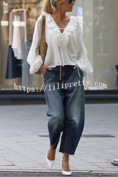 Ashlyne Tiered Ruffle Neckline Tie-up Balloon Sleeve Loose Blouse