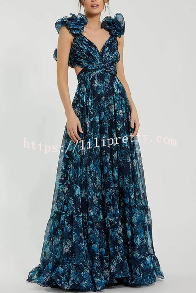 Delicate Garden Chiffon Floral Print Tiered Ruffle Cutout Back Lace-up Gown Maxi Dress