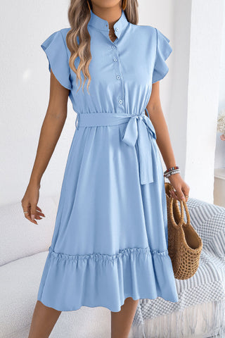 Solid Color Stand Collar Button Waist Tie Casual Midi Dress