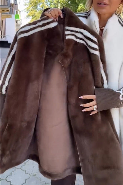 Fashion Sports Stripe Print and Ribbed Embroidered Long Sleeve Zipper Stand Nack Pocket Plush Coat