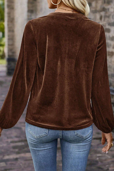 Solid Color Velvet V-neck Long-sleeved Loose Button Top