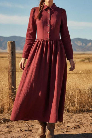 Linen Blend Solid Color Lapel Long-sleeved Casual Maxi Dress