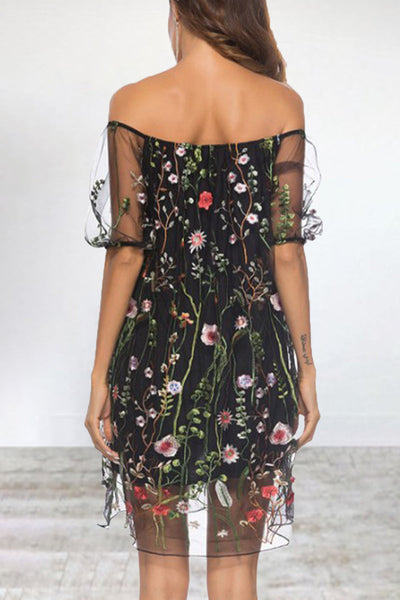 Elegant Animal Flowers Leaves Lace Embroidered Off the Shoulder A Line Dresses