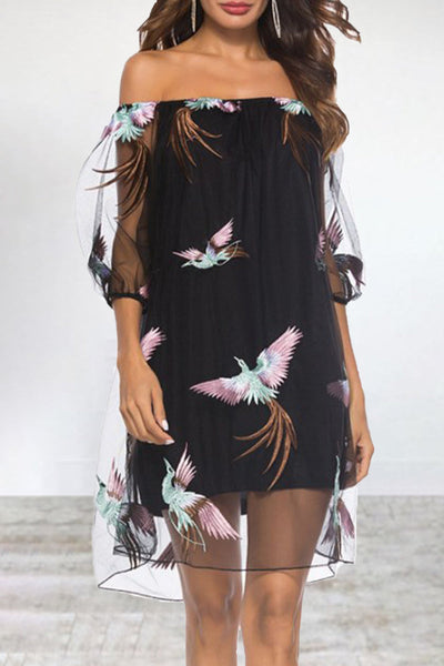 Elegant Animal Flowers Leaves Lace Embroidered Off the Shoulder A Line Dresses