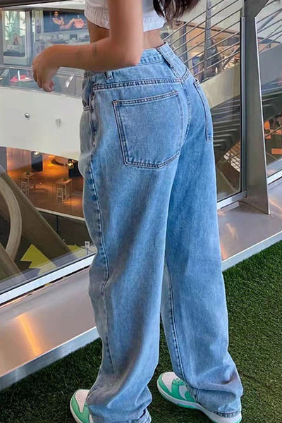 Casual Solid Make Old High Waist Loose Denim Jeans