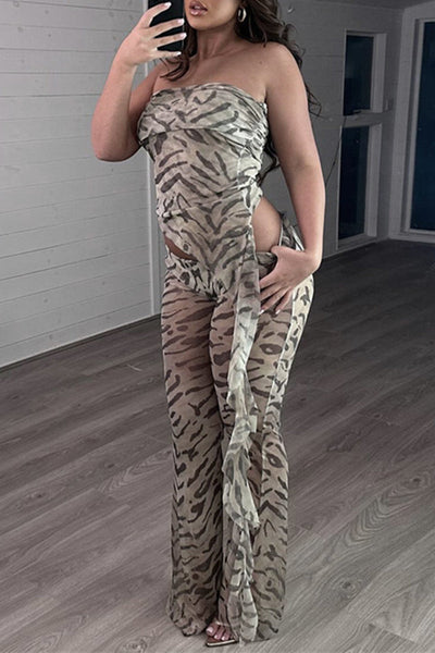 Sexy Animal Print Asymmetrical Mesh Strapless Sleeveless Two Pieces