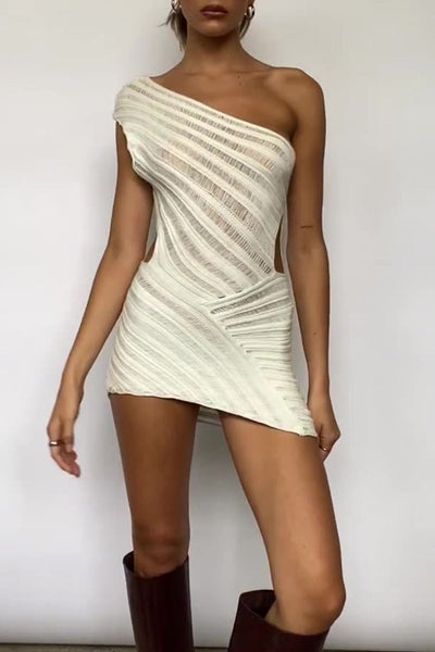 Sexy Solid See-through Asymmetrical Oblique Collar Wrapped Skirt Dresses