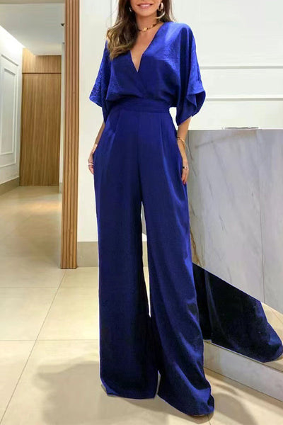 Elegant Solid Frenulum Backless V Neck Loose Jumpsuits