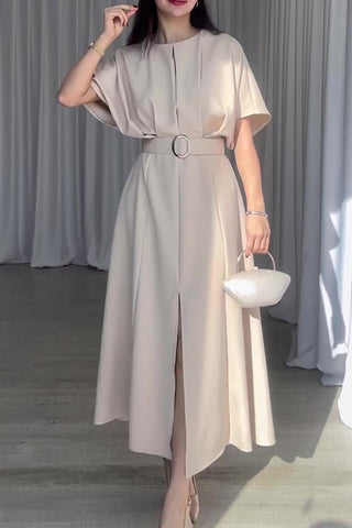 Elegant Solid Fold With Belt O Neck A Line Dresses