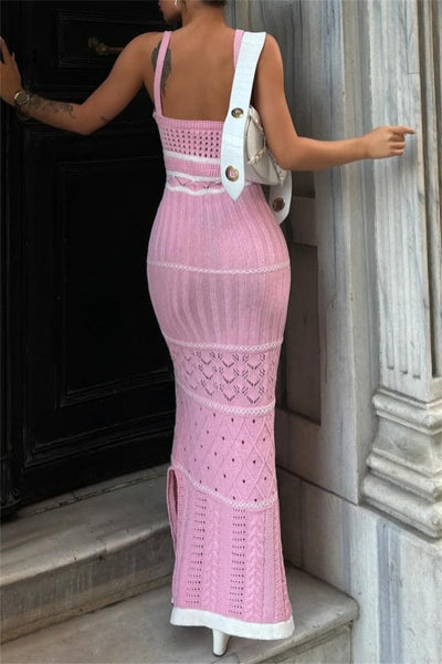 Sexy Casual Patchwork Backless Slit Spaghetti Strap Long Dresses
