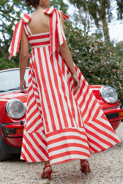 Sweet Striped Print Frenulum Beach Dresses