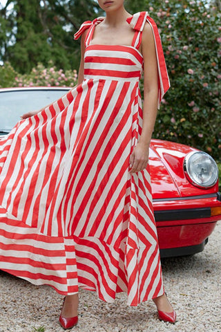Sweet Striped Print Frenulum Beach Dresses