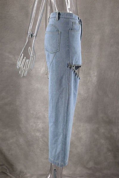 Street Solid Color Rhinestone Decor High Waist Denim Jeans