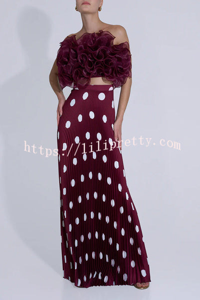 Eye-catching Satin Pleated Poka Dot Print High Rise Drape Maxi Skirt