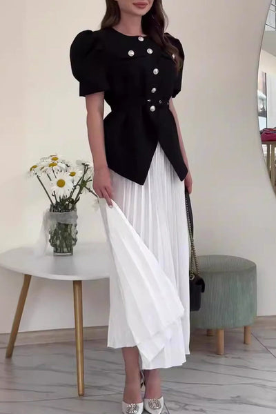 Celebrities Elegant Buttons Patchwork O Neck Short Sleeve Two Pieces(4 Colors)