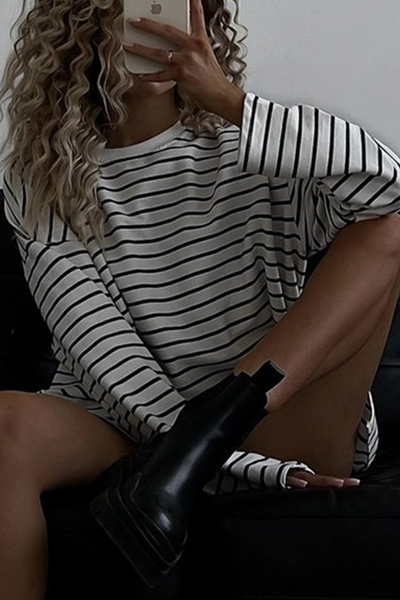 Casual Daily Striped Print Slit Contrast O Neck Tops