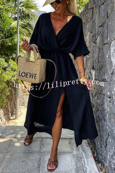 Lightweight and Breathable Linen Blend Elastic Waist Kimono Sleeve Loose Midi Dress