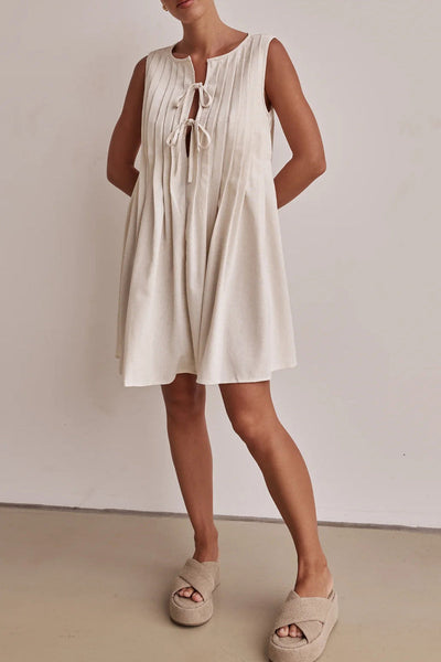 Casual Daily Lace Up Pleated O Neck Pleated Dresses(4 Colors)
