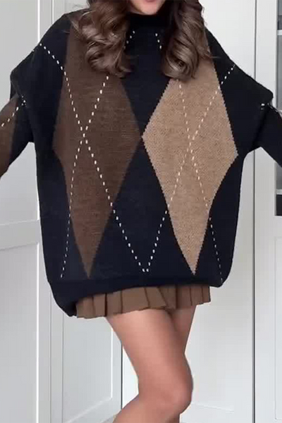 Casual Street Rhombus Patchwork Contrast O Neck Sweaters
