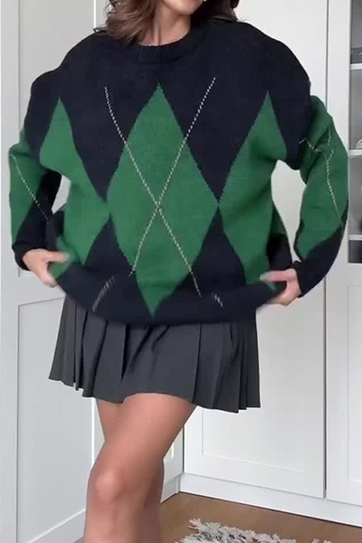Casual Street Rhombus Patchwork Contrast O Neck Sweaters