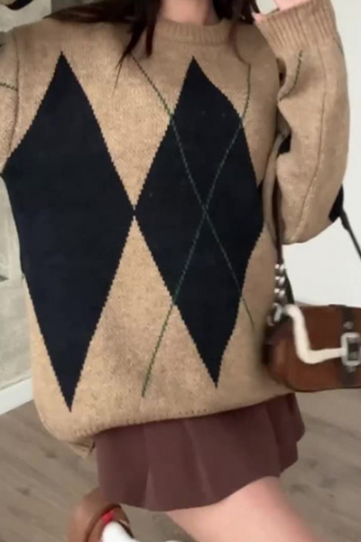 Casual Street Rhombus Patchwork Contrast O Neck Sweaters