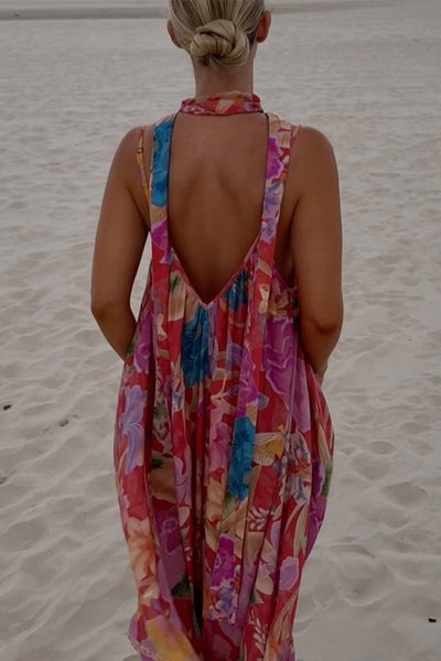 Sexy Vacation Floral Print Backless Contrast V Neck Printed Dresses