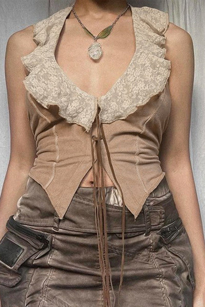 Casual Solid Color Lace Strap Design O Neck Tops
