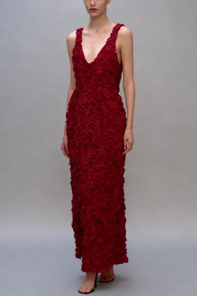 Three-dimensional Flower Sexy V-neck Slim Maxi Dress