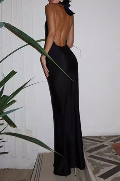 Sexy Solid Color Lace Up Backless Halter Long Dresses