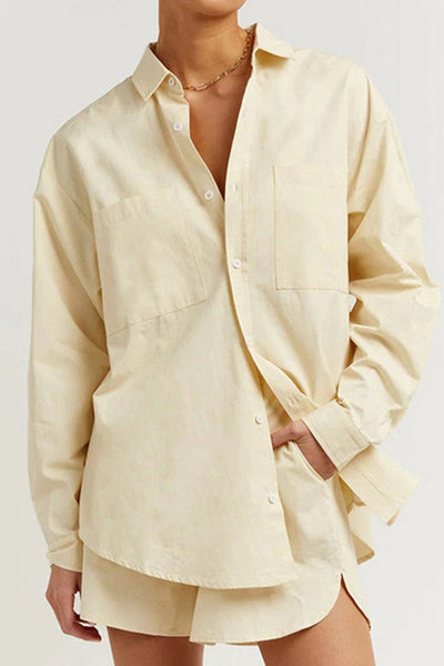 Casual Solid Color Pocket Turndown Collar Long Sleeve Three Pieces