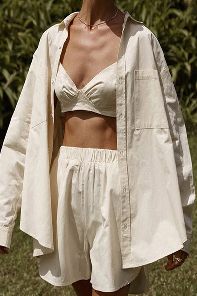 Casual Solid Color Pocket Turndown Collar Long Sleeve Three Pieces