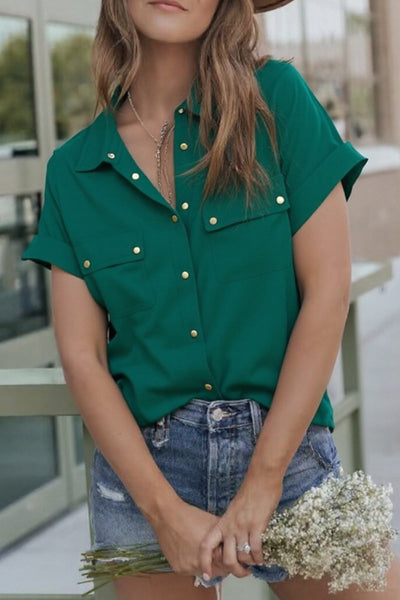 Daily Solid Color Pocket Buttons Turndown Collar Tops