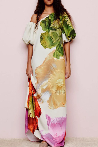 Casual Vacation Print Backless Oblique Collar Long Dresses